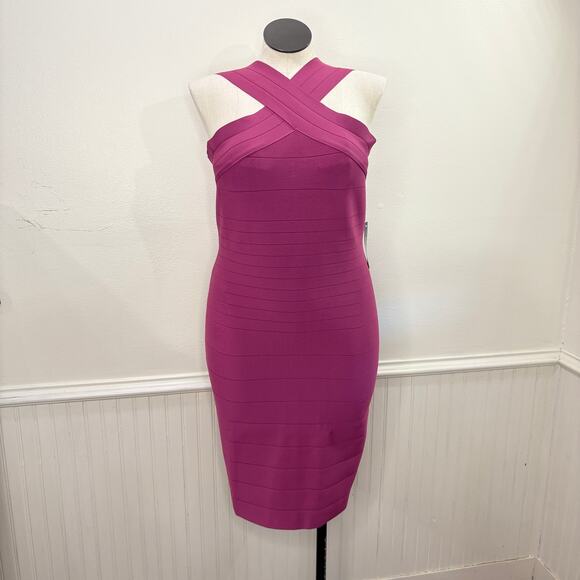 Venus Size XL Bandage Dress Cross Neck Bodycon Pink Stretch Cocktail Wedding - Picture 1 of 10